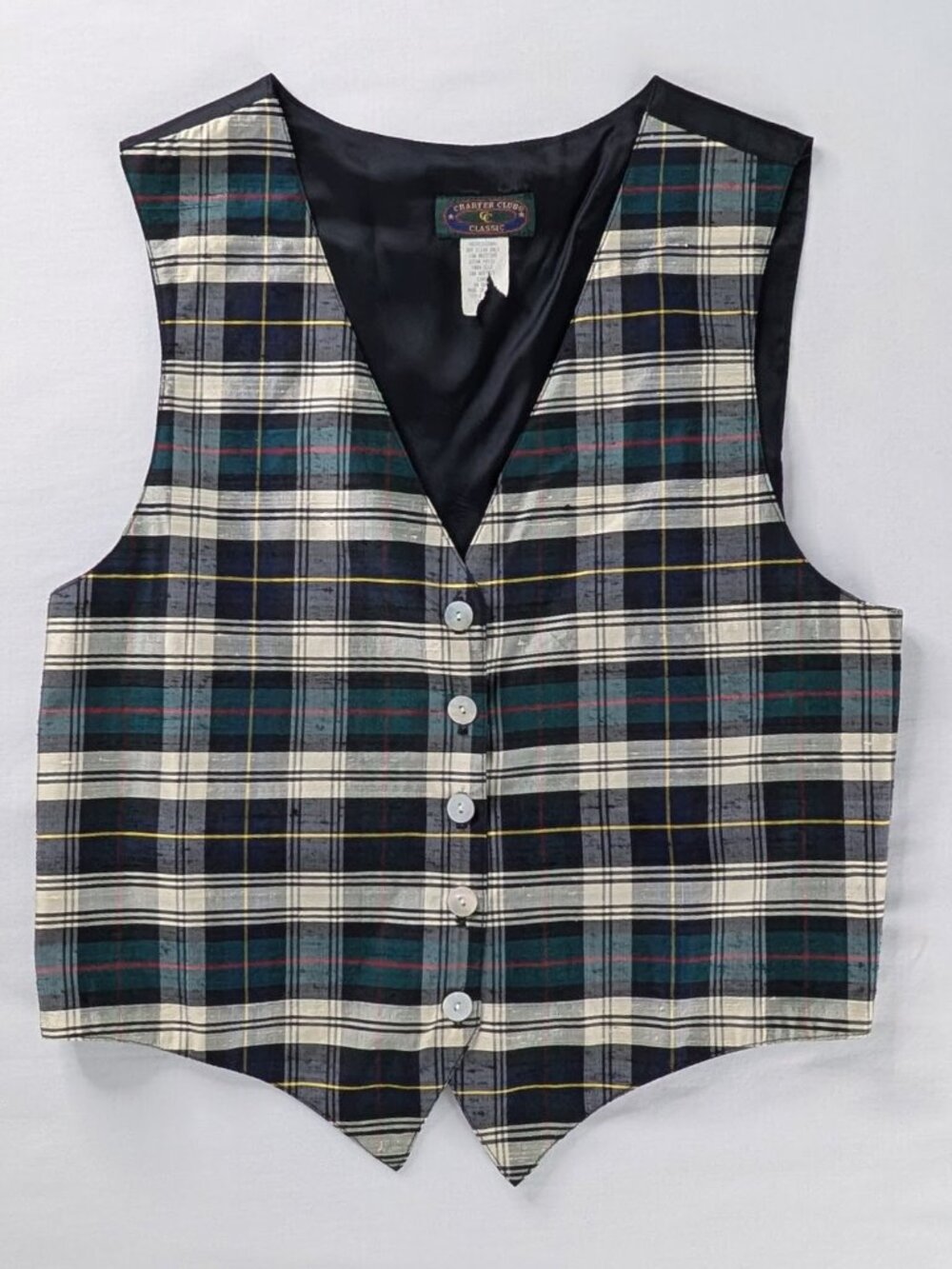 VTG Black White Green Plaid Silk Satin Tie Back Button Up V neck Vest Lined